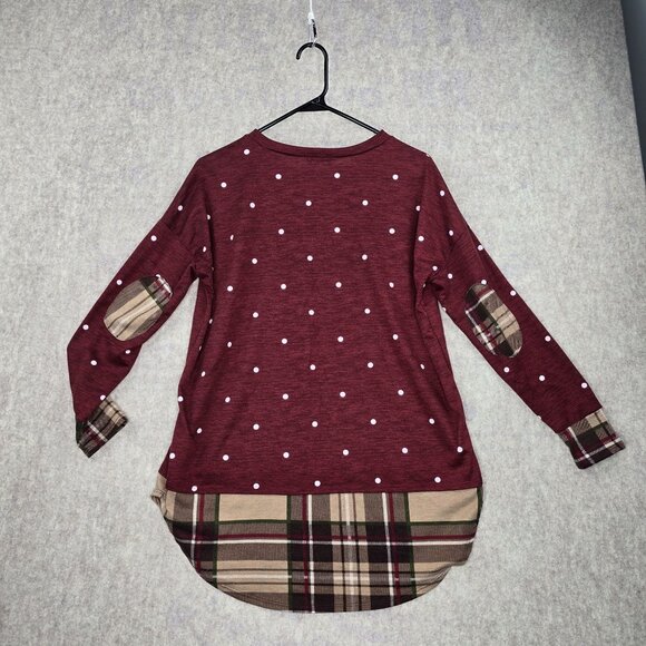 Womens Burgundy Polka Dot & Plaid Long Sleeve Top By Égy Size S - Picture 2 of 5
